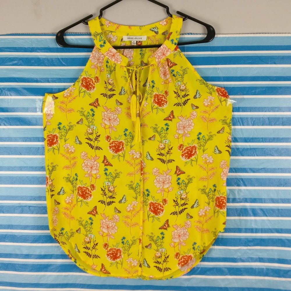 Yellow Satin Floral Summer top, Soft Lightweight Hawaiian Summer top, S